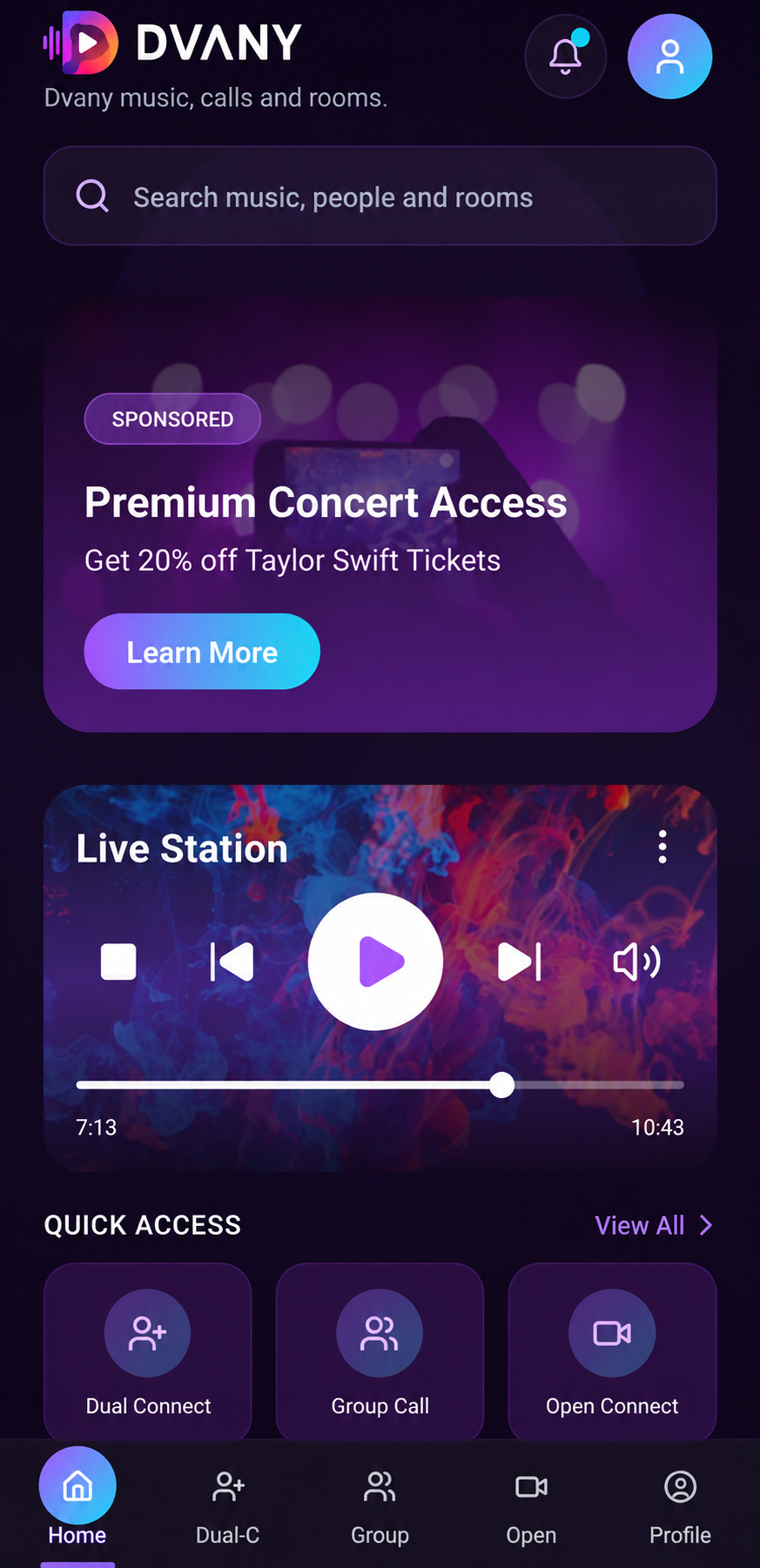 DVANY mobile app home screen
